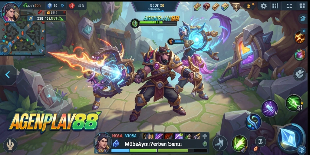 Screenshot AGENPLAY88 menampilkan aksi seru di arena pertempuran MOBA.