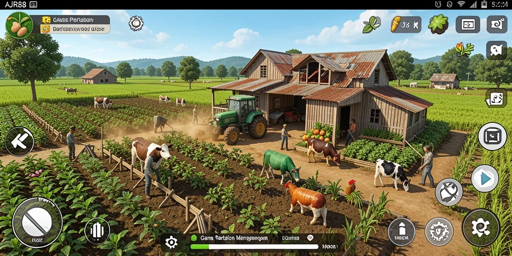 Tampilan gameplay AJR88 yang menunjukkan aktivitas bertani dan ladang yang luas.