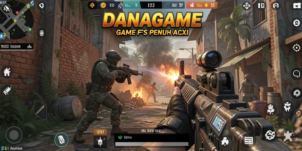 Tampilan gameplay menegangkan dari DANAGAME yang penuh aksi FPS.