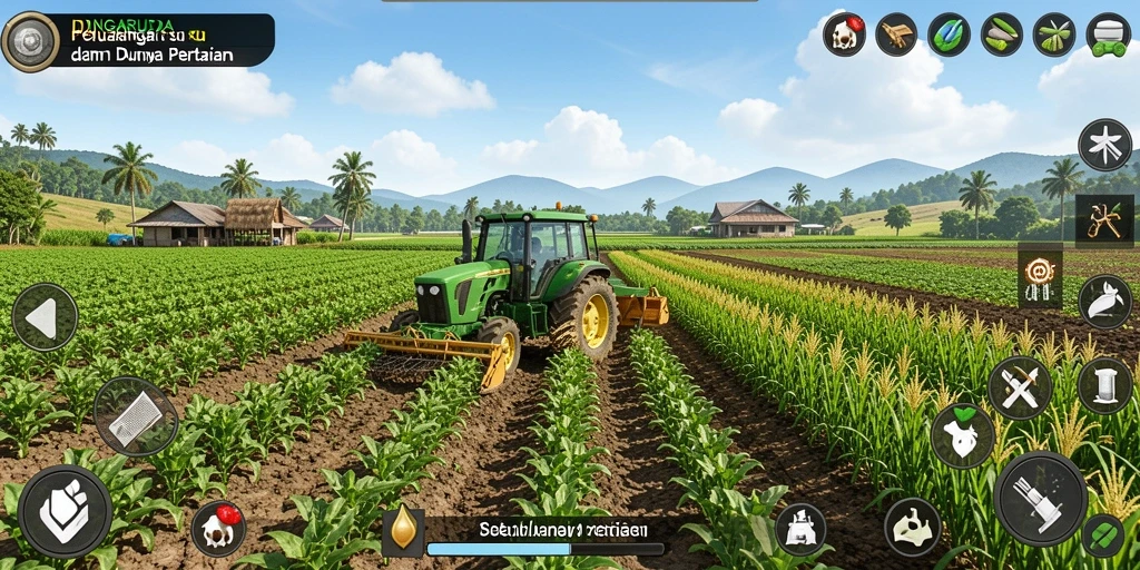 Screenshot IDNGARUDA menunjukkan pemain yang sedang bercocok tanam di ladang subur.