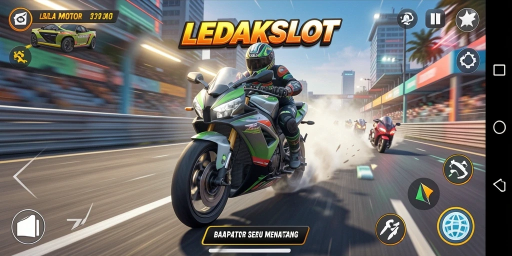 Tangkapan layar gameplay LEDAKSLOT dengan aksi balapan motor yang mendebarkan.