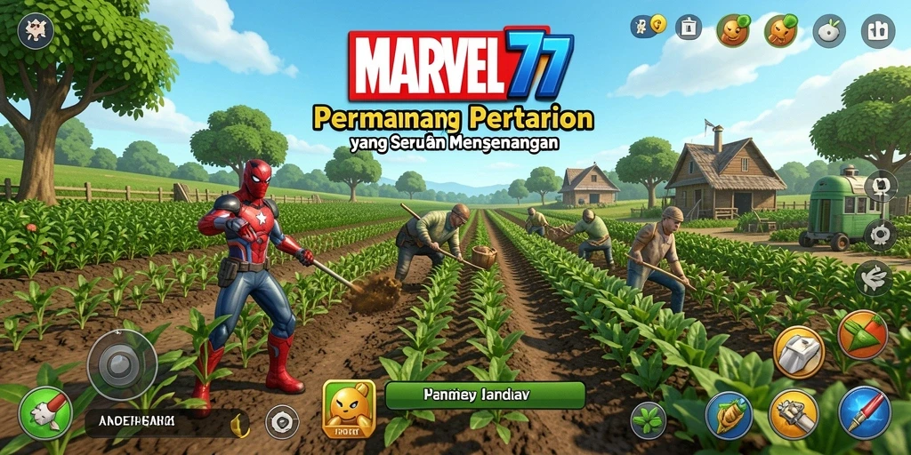 Screenshot gameplay dari MARVEL77 menampilkan kebun yang hijau dan subur.