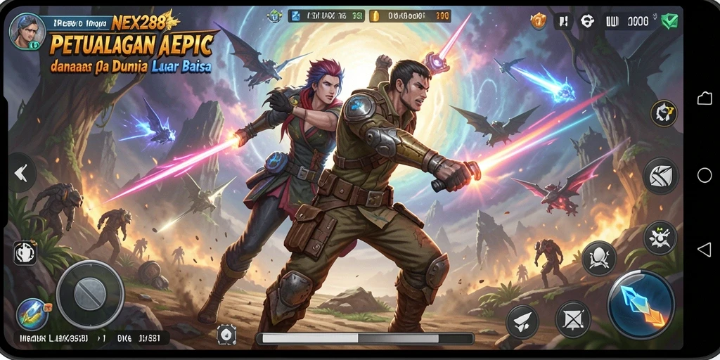 Screenshot gameplay NEX288 menampilkan aksi mendebarkan dan karakter yang keren.